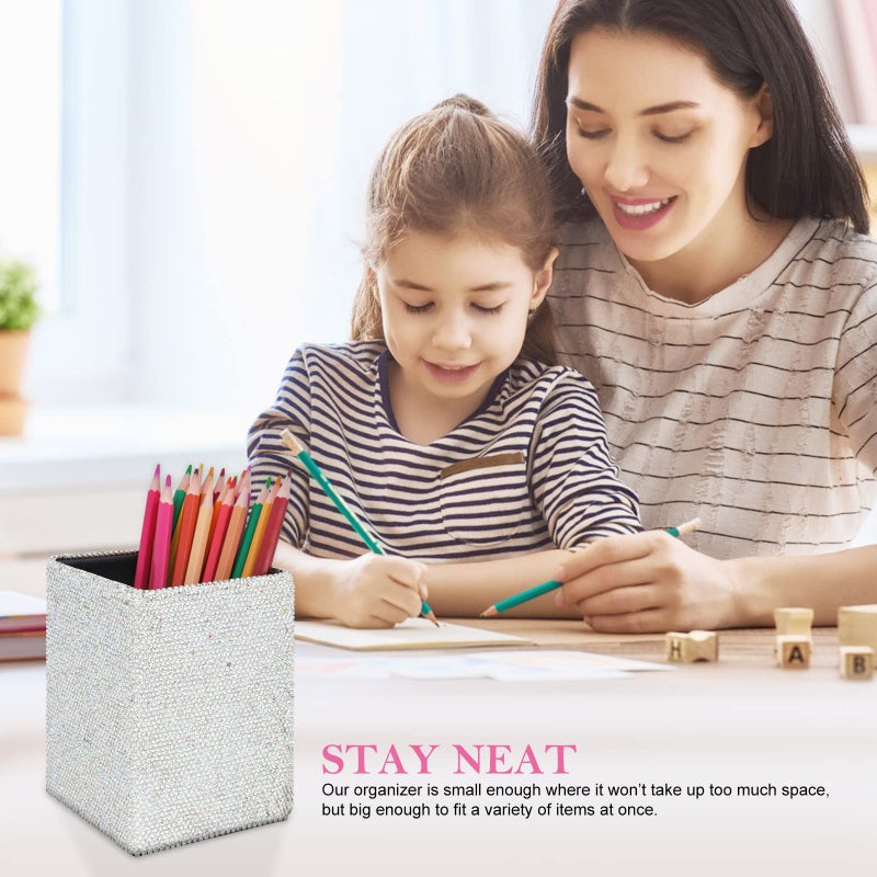KEYPOWER Crystal Pencil Pot Holder Box Bling Rhinestone Pen Organizer Holder Cosmetic Pen Container Comb Brushes Personalized (Square White&AB Color) - Image 2
